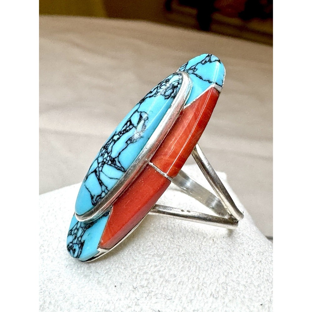 Julius Manuelito Navajo Sterling Turquoise Red Carnelian Agate Ring Size 9